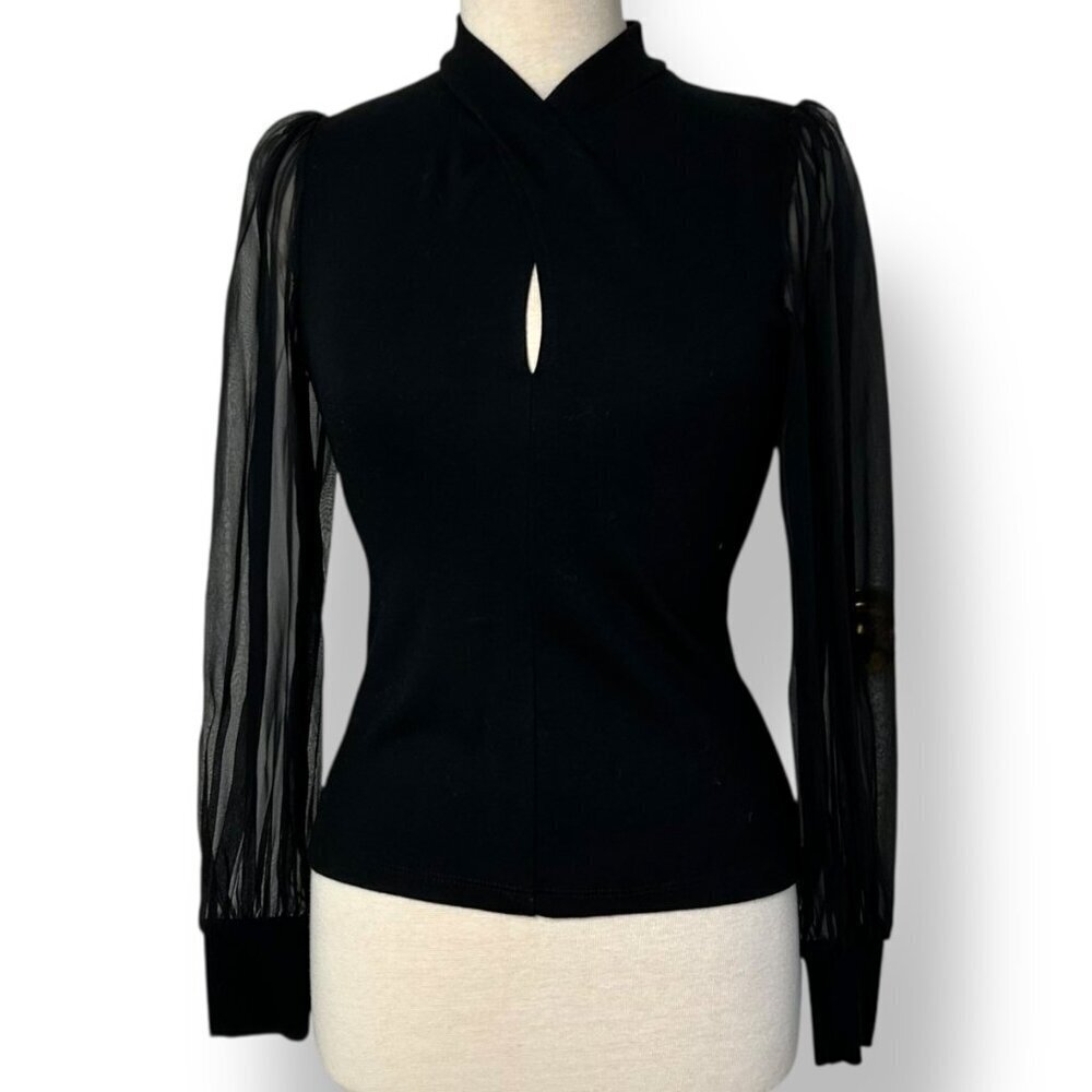 NWT Lola & Sophie Camille Twisted Neck Blouse Silk Chiffon Sleeves Black Sz XS - Picture 2 of 8